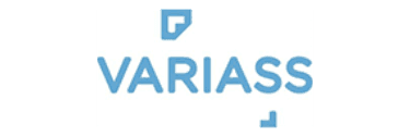 Logo of Variass with blue letters on a white background and geometric shapes surrounding the text.