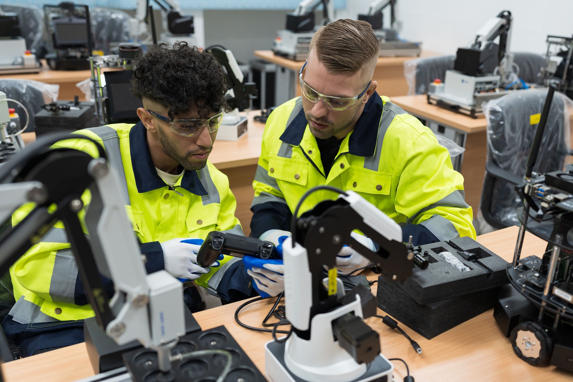 Two male engineers training or maintenance AI Robot and Artificial Intelligence of Things (AIoT) service robot in the manufacturing automation and robotics academy room